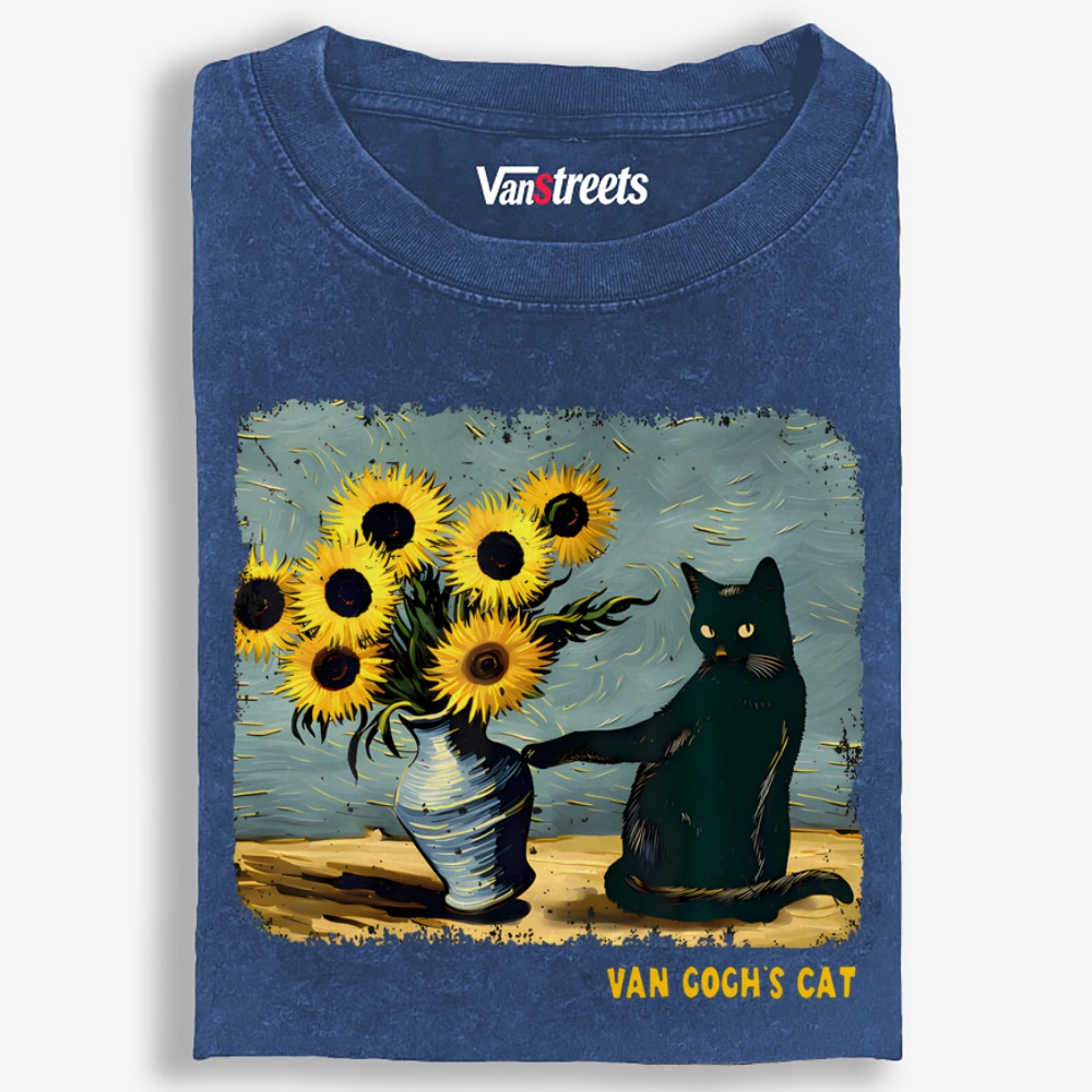 Curious Black Cat Touching Sunflowers Washed T-Shirt | 100% Cotton | Streetwear Essential