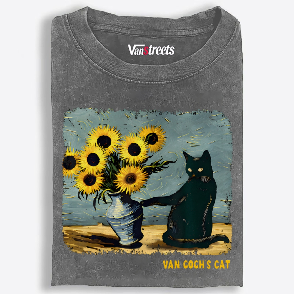 Curious Black Cat Touching Sunflowers Washed T-Shirt | 100% Cotton | Streetwear Essential
