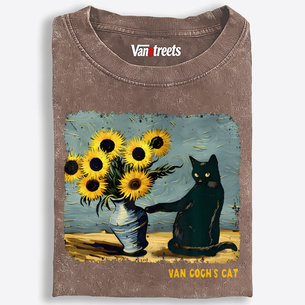 Curious Black Cat Touching Sunflowers Washed T-Shirt | 100% Cotton | Streetwear Essential