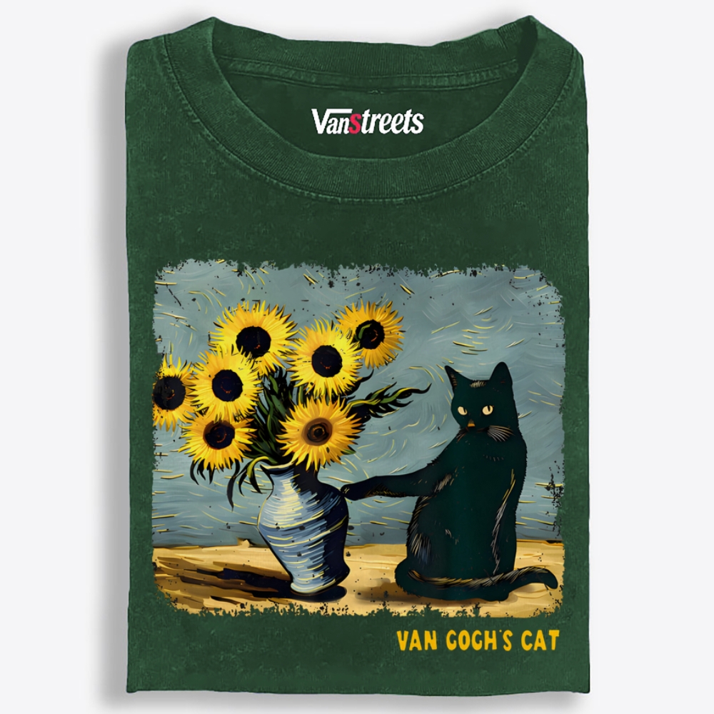 Curious Black Cat Touching Sunflowers Washed T-Shirt | 100% Cotton | Streetwear Essential