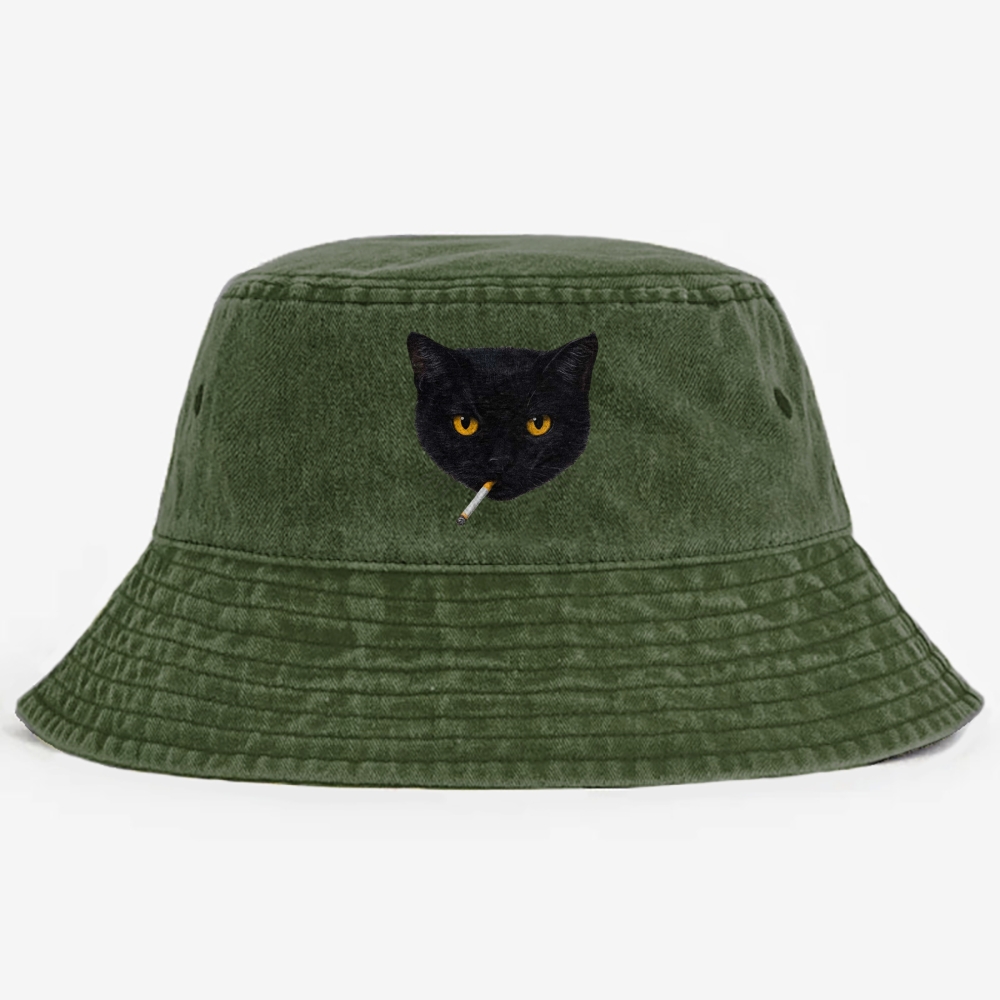 Smoking Black Cat Retro Vintage Washed Bucket Hat