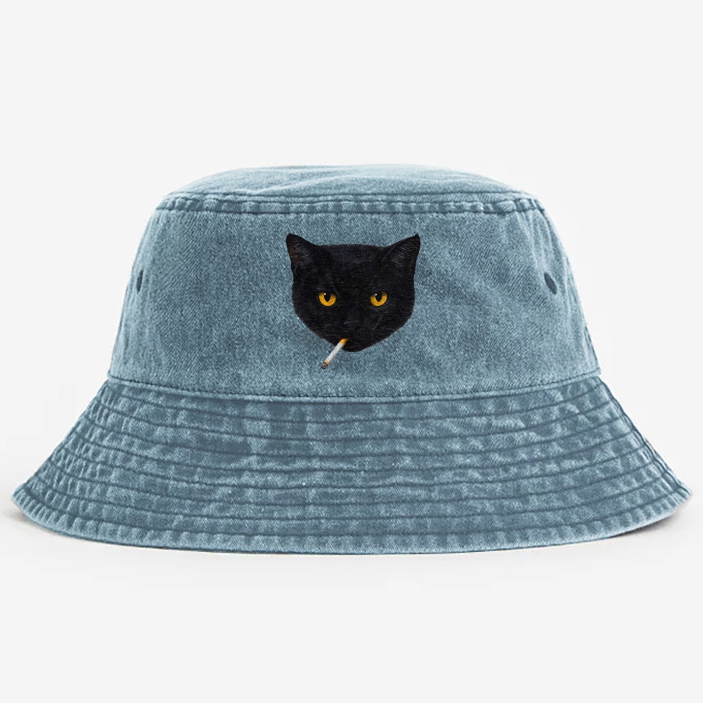 Smoking Black Cat Retro Vintage Washed Bucket Hat