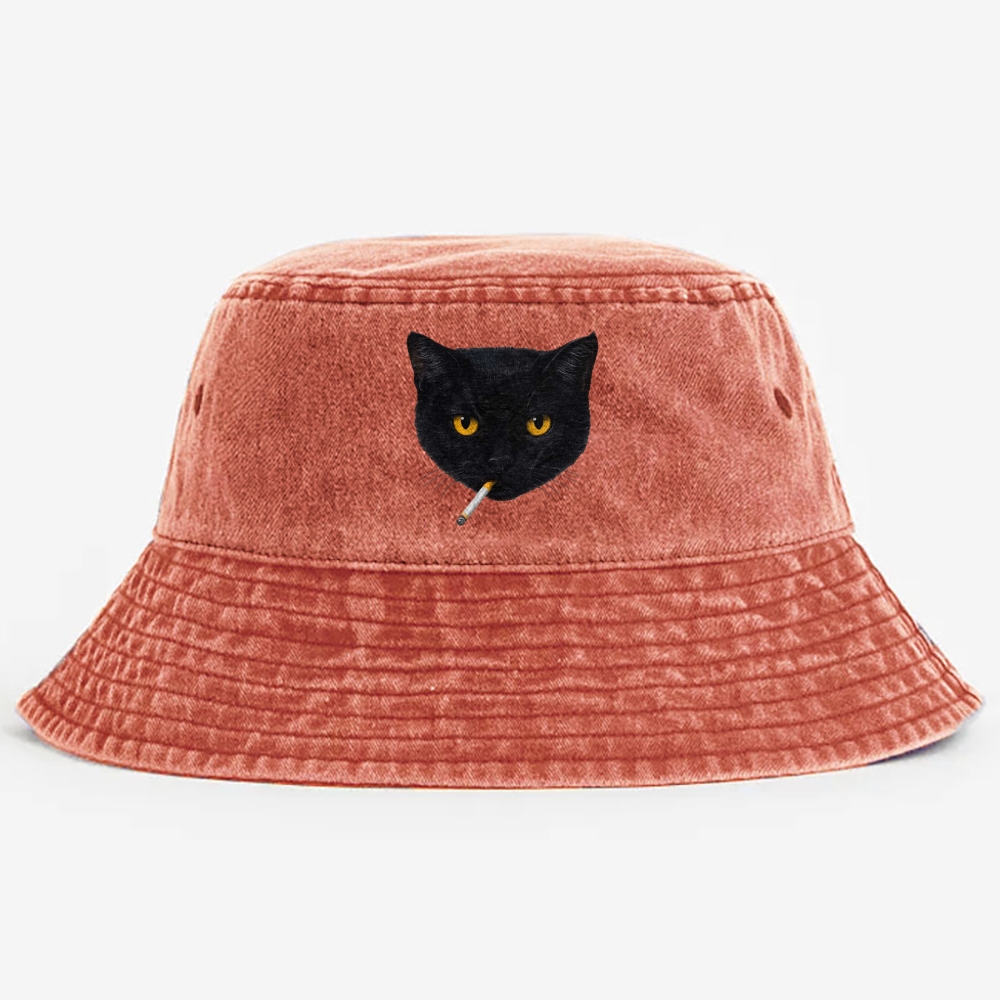 Smoking Black Cat Retro Vintage Washed Bucket Hat