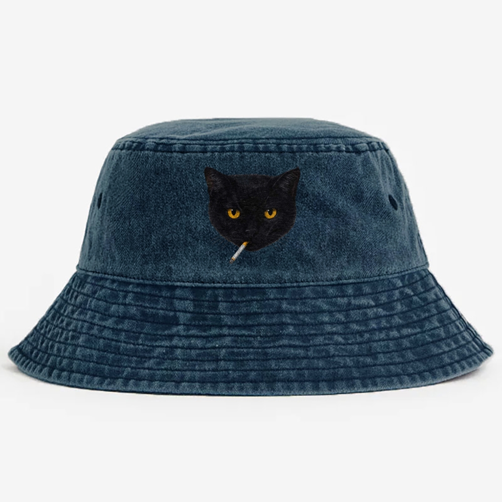 Smoking Black Cat Retro Vintage Washed Bucket Hat