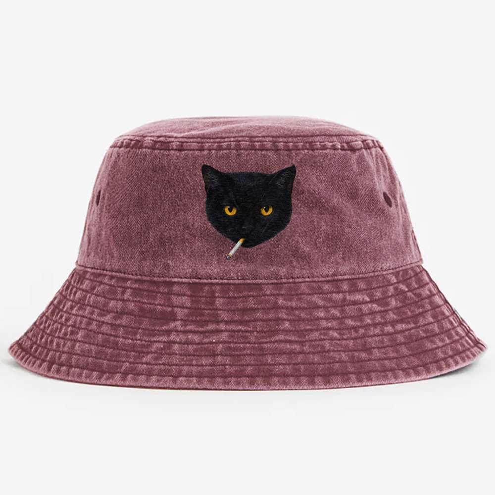 Smoking Black Cat Retro Vintage Washed Bucket Hat