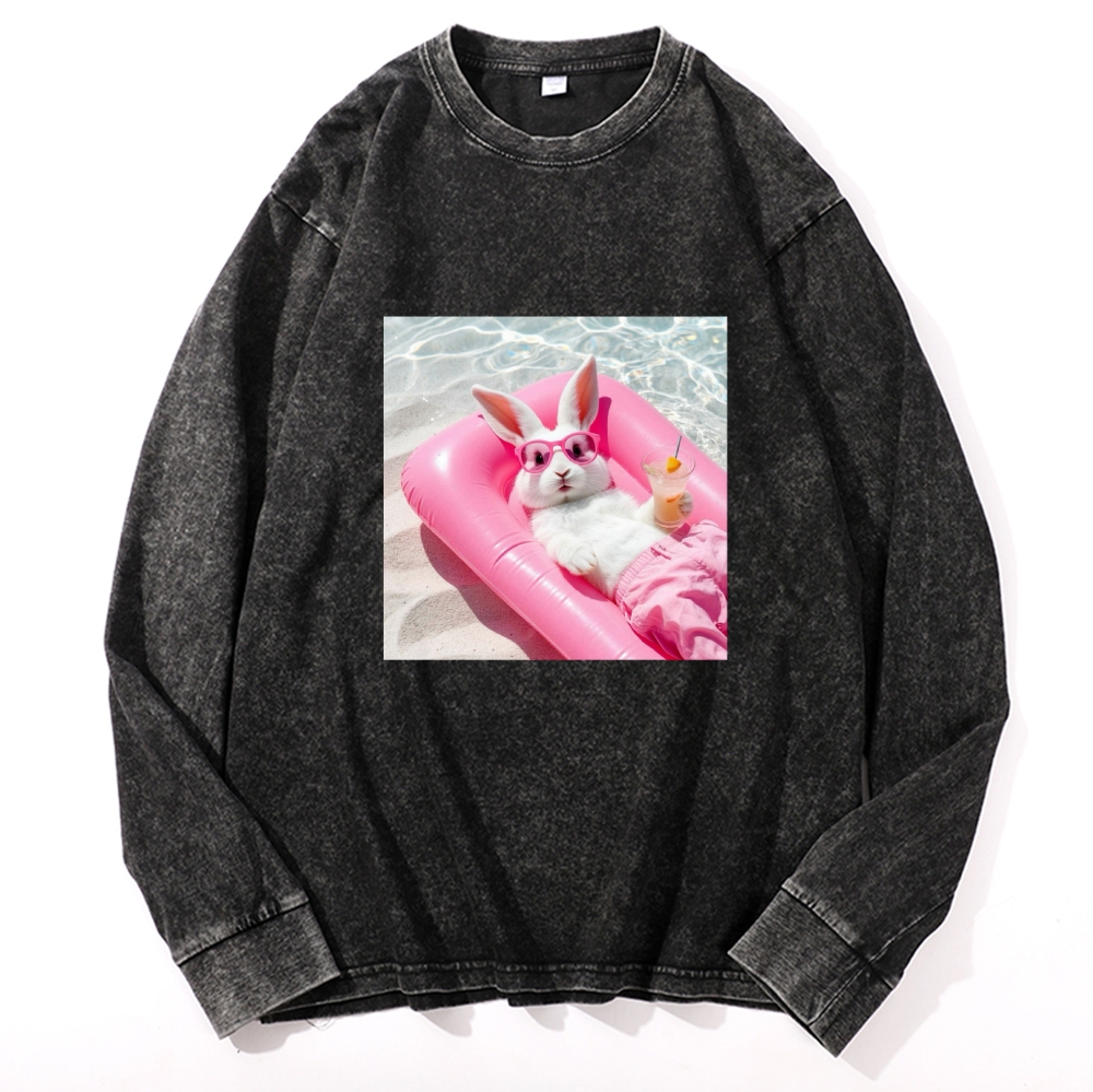 Retro Pink Bunny Vacation Vibes Washed Long Sleeve T-Shirt