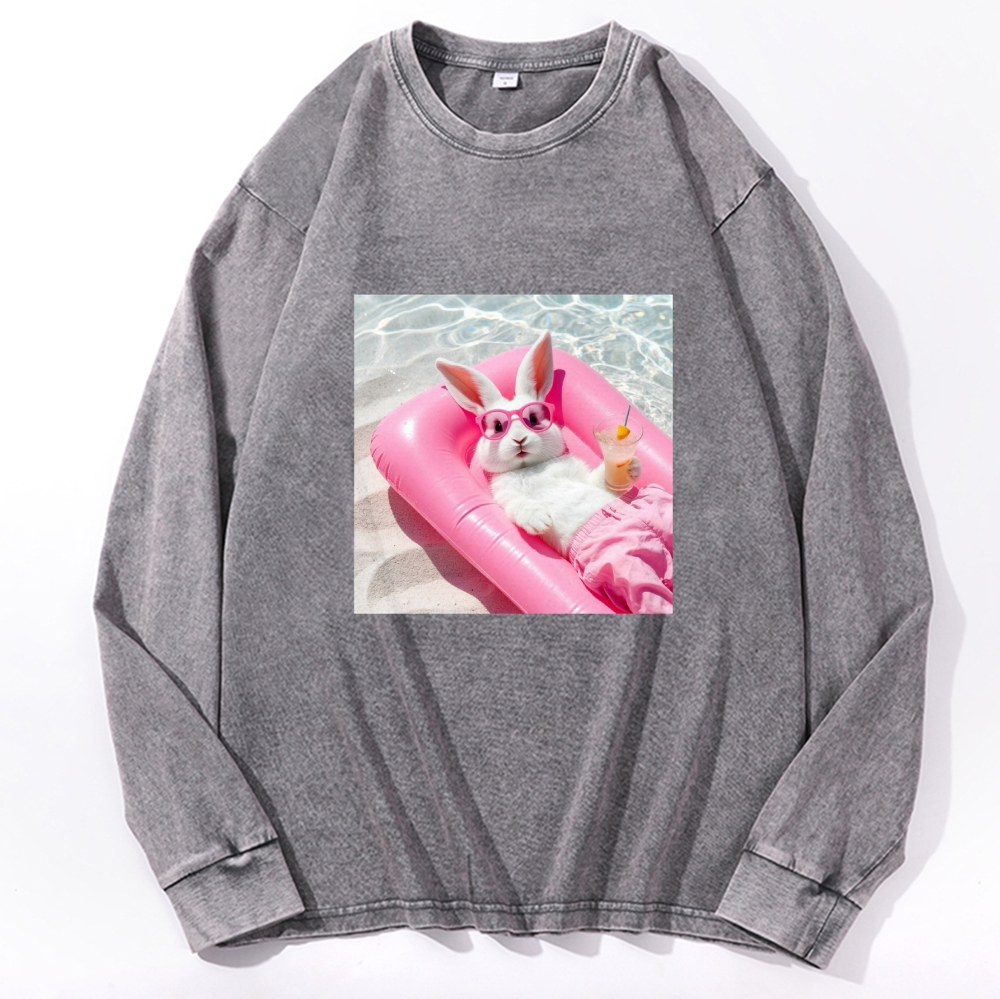 Retro Pink Bunny Vacation Vibes Washed Long Sleeve T-Shirt