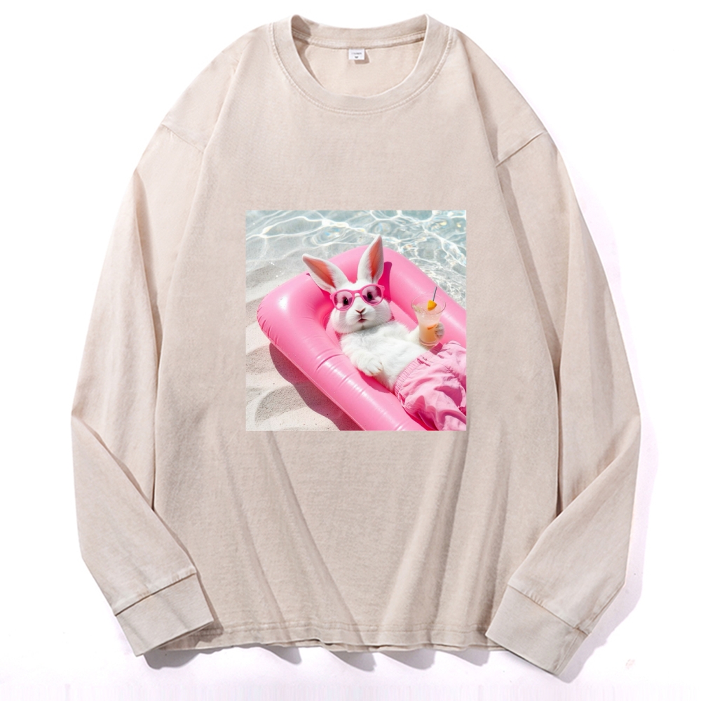 Retro Pink Bunny Vacation Vibes Washed Long Sleeve T-Shirt