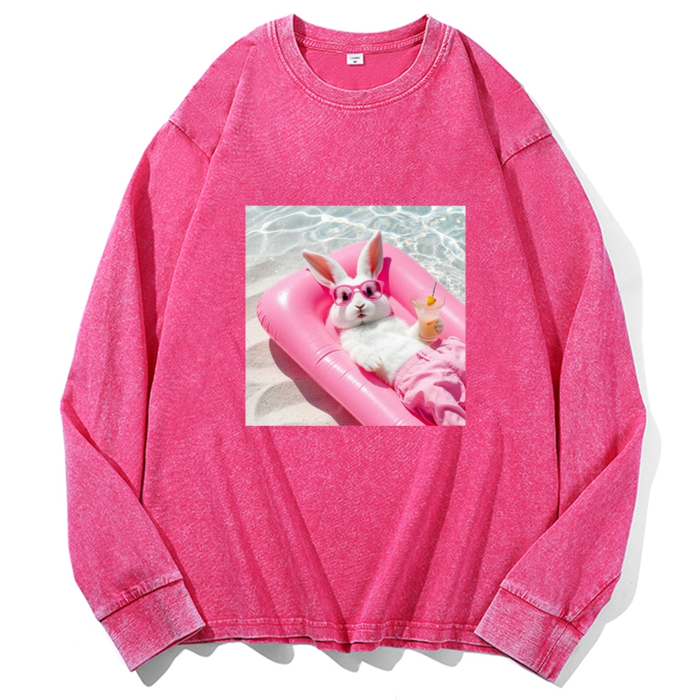 Retro Pink Bunny Vacation Vibes Washed Long Sleeve T-Shirt