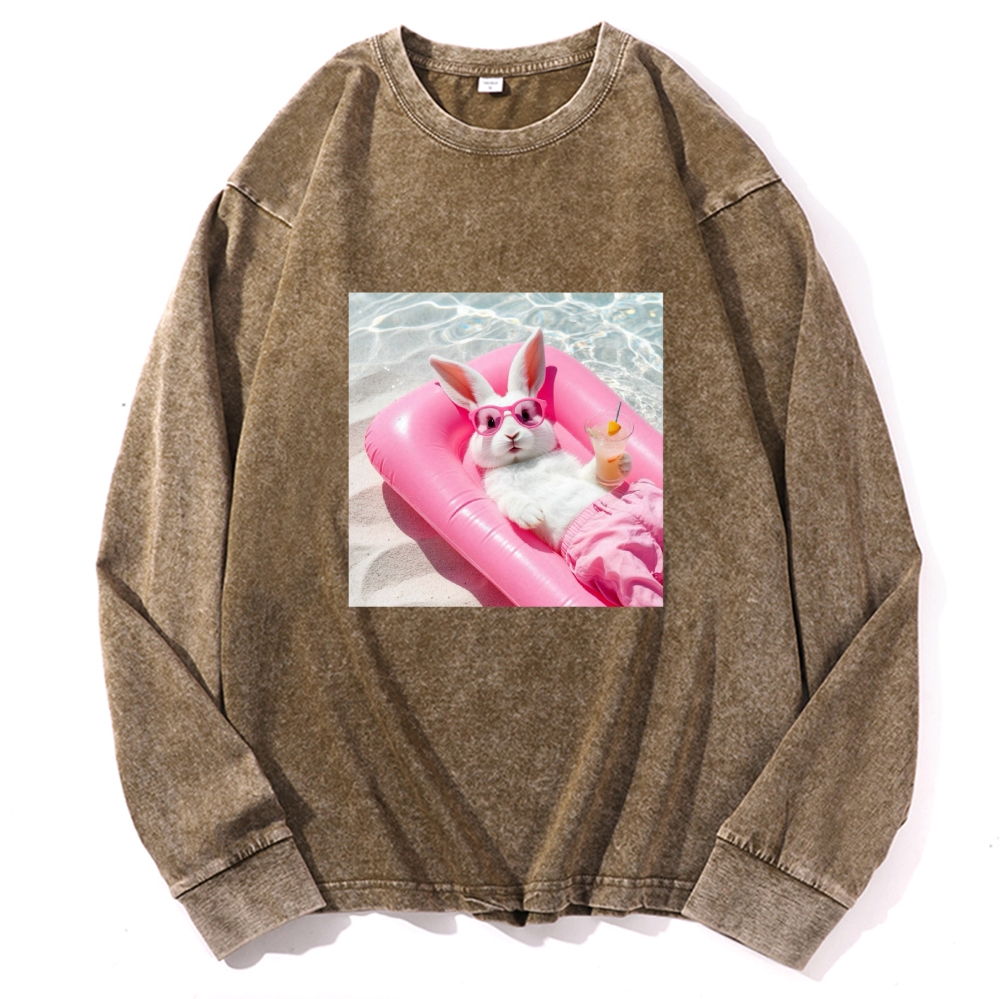 Retro Pink Bunny Vacation Vibes Washed Long Sleeve T-Shirt