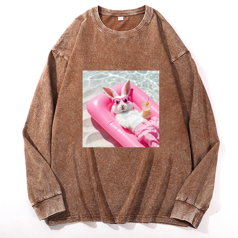 Retro Pink Bunny Vacation Vibes Washed Long Sleeve T-Shirt
