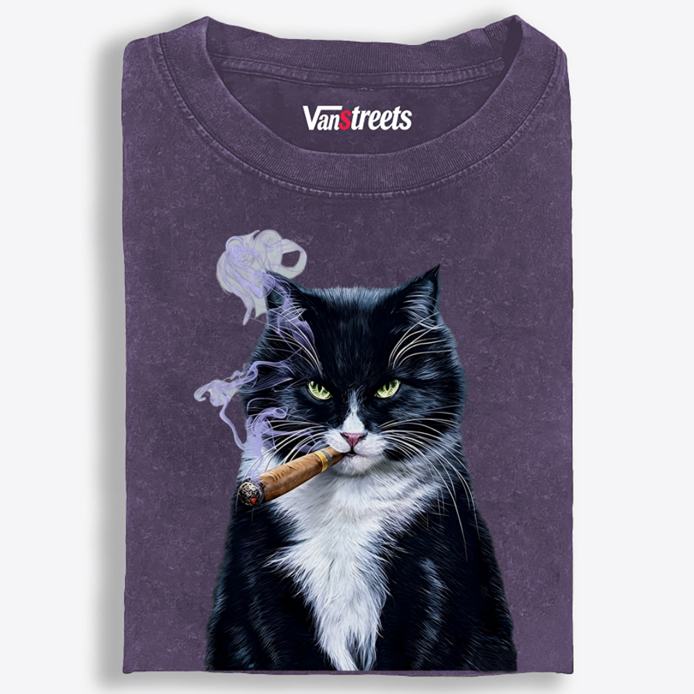 Mr. Cigar Cat Retro Washed T-Shirt | 100% Cotton | Streetwear Essential
