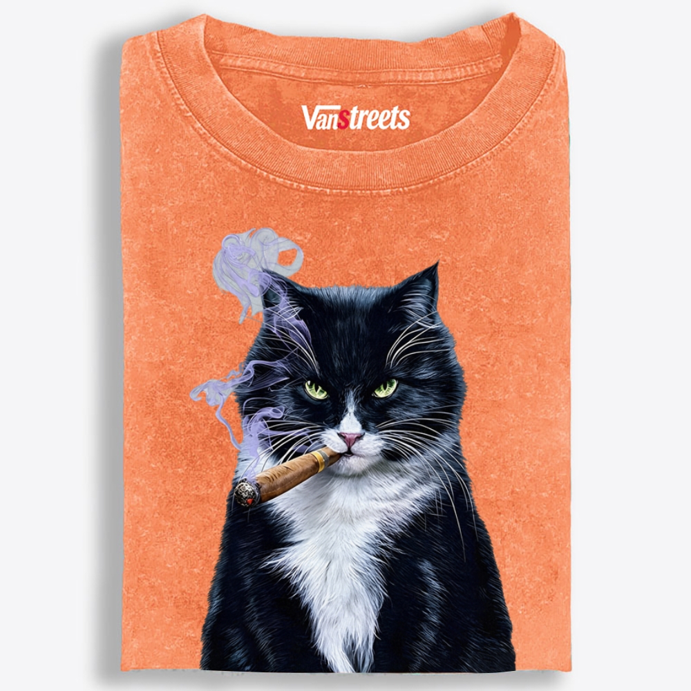 Mr. Cigar Cat Retro Washed T-Shirt | 100% Cotton | Streetwear Essential