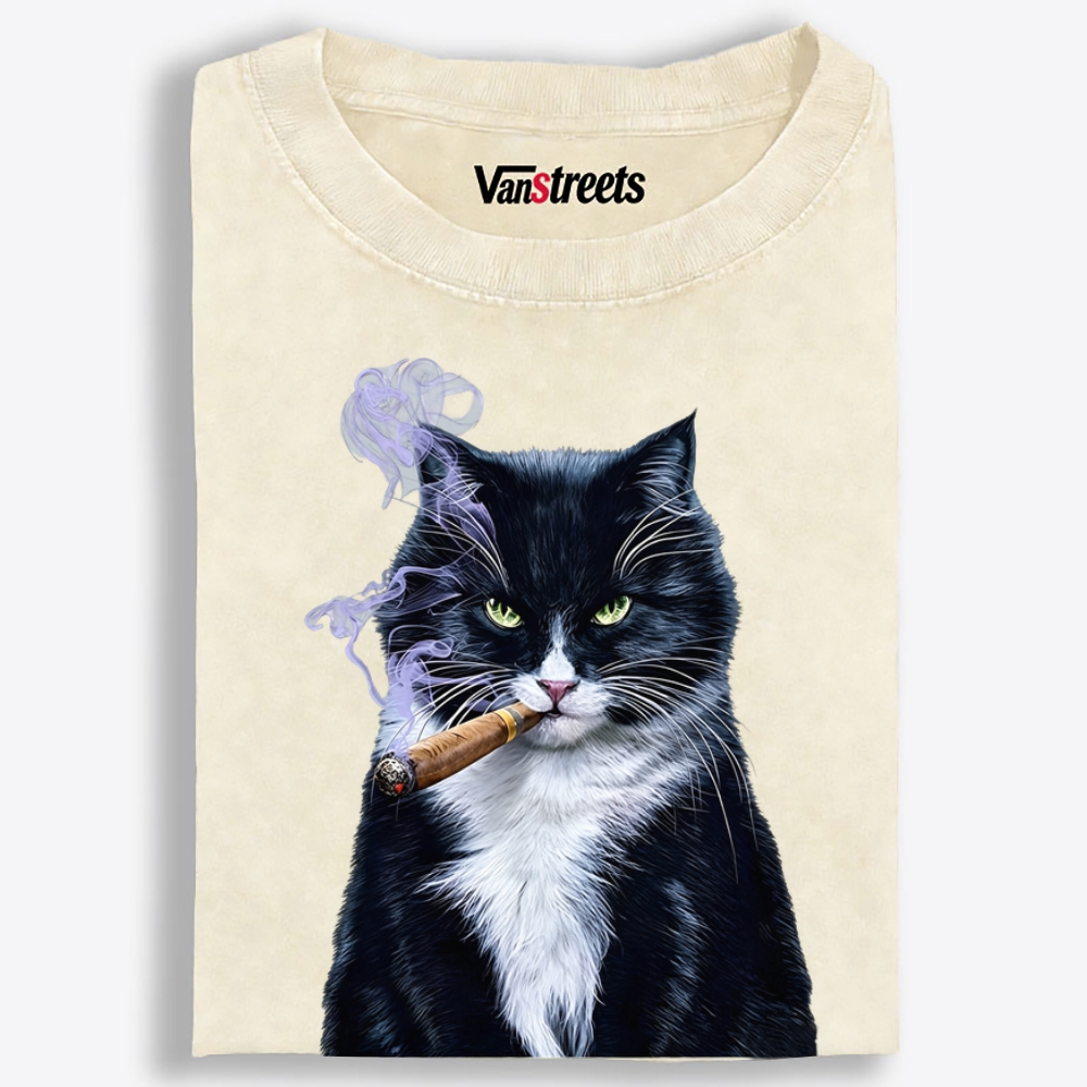 Mr. Cigar Cat Retro Washed T-Shirt | 100% Cotton | Streetwear Essential