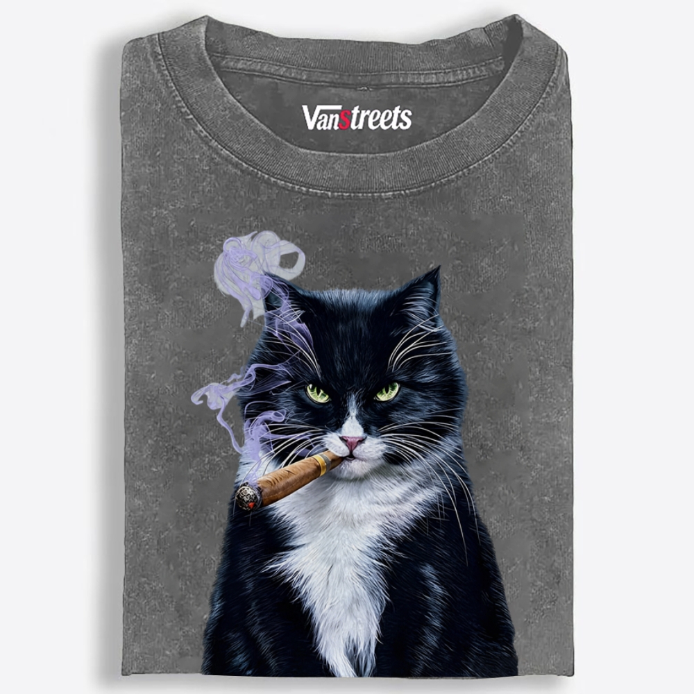 Mr. Cigar Cat Retro Washed T-Shirt | 100% Cotton | Streetwear Essential