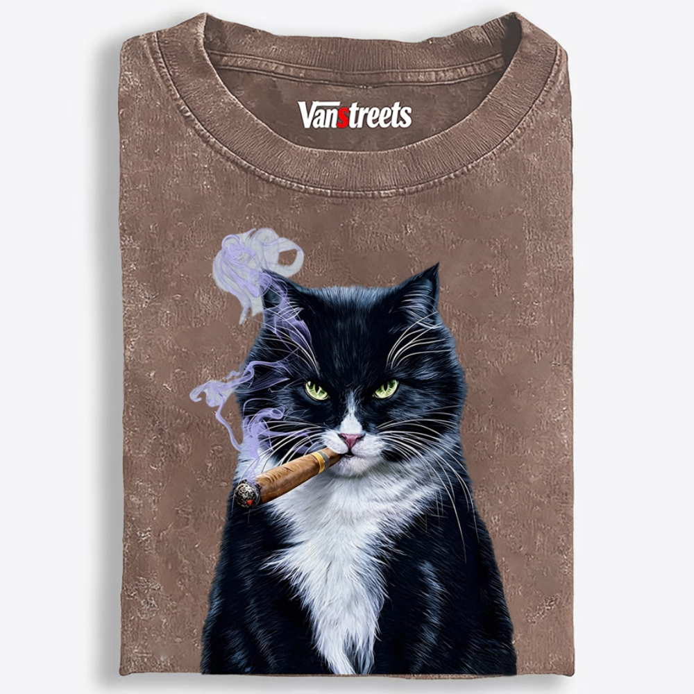 Mr. Cigar Cat Retro Washed T-Shirt | 100% Cotton | Streetwear Essential