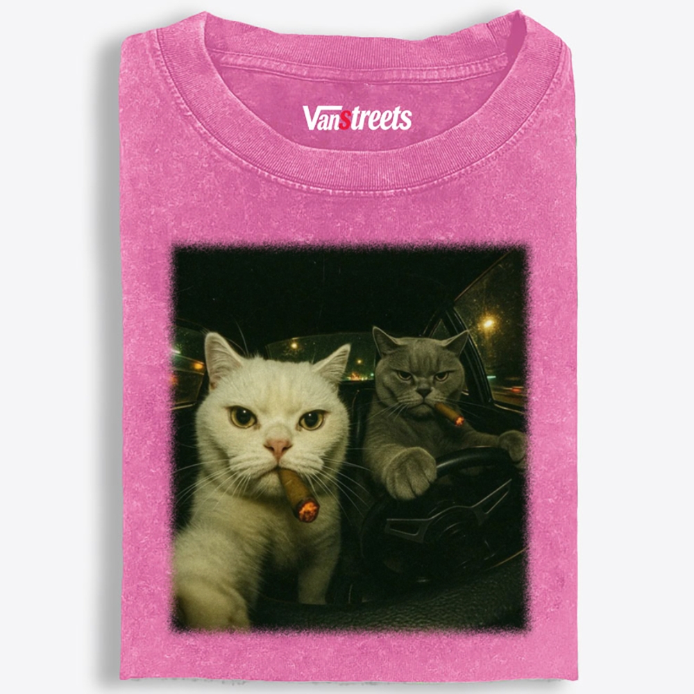 Midnight Cat Crew Vintage Washed Graphic Washed T-Shirt | 100% Cotton | Streetwear Essential