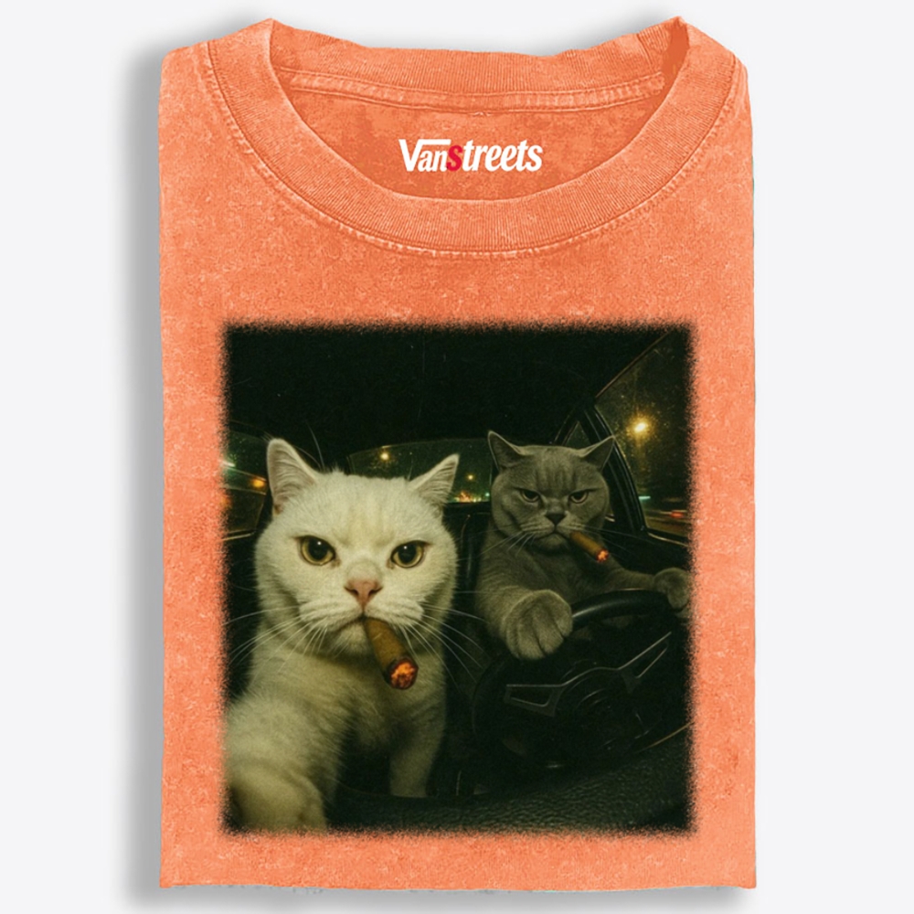 Midnight Cat Crew Vintage Washed Graphic Washed T-Shirt | 100% Cotton | Streetwear Essential