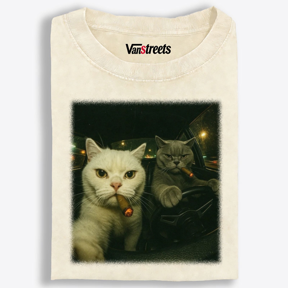 Midnight Cat Crew Vintage Washed Graphic Washed T-Shirt | 100% Cotton | Streetwear Essential