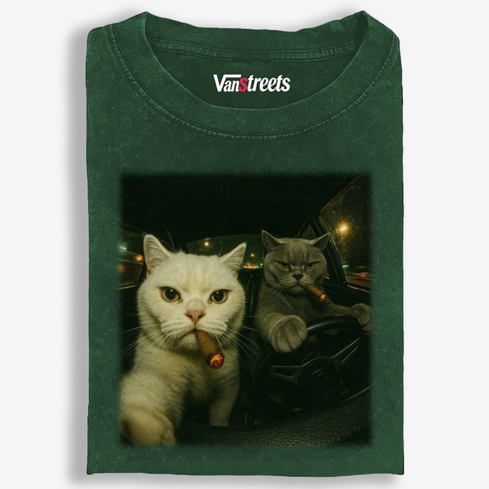 Midnight Cat Crew Vintage Washed Graphic Washed T-Shirt | 100% Cotton | Streetwear Essential