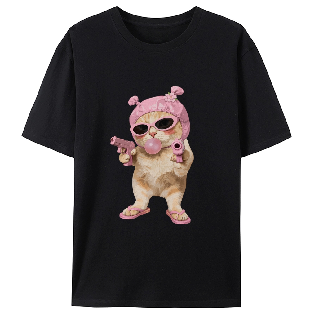 Pink Gangster Cat Retro Designed for Women - Slim Fit Cotton Tee