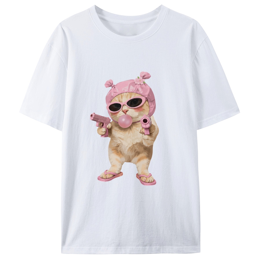 Pink Gangster Cat Retro Designed for Women - Slim Fit Cotton Tee