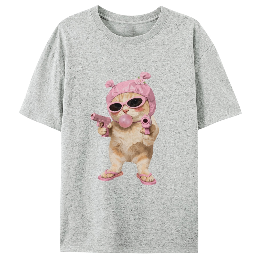 Pink Gangster Cat Retro Designed for Women - Slim Fit Cotton Tee