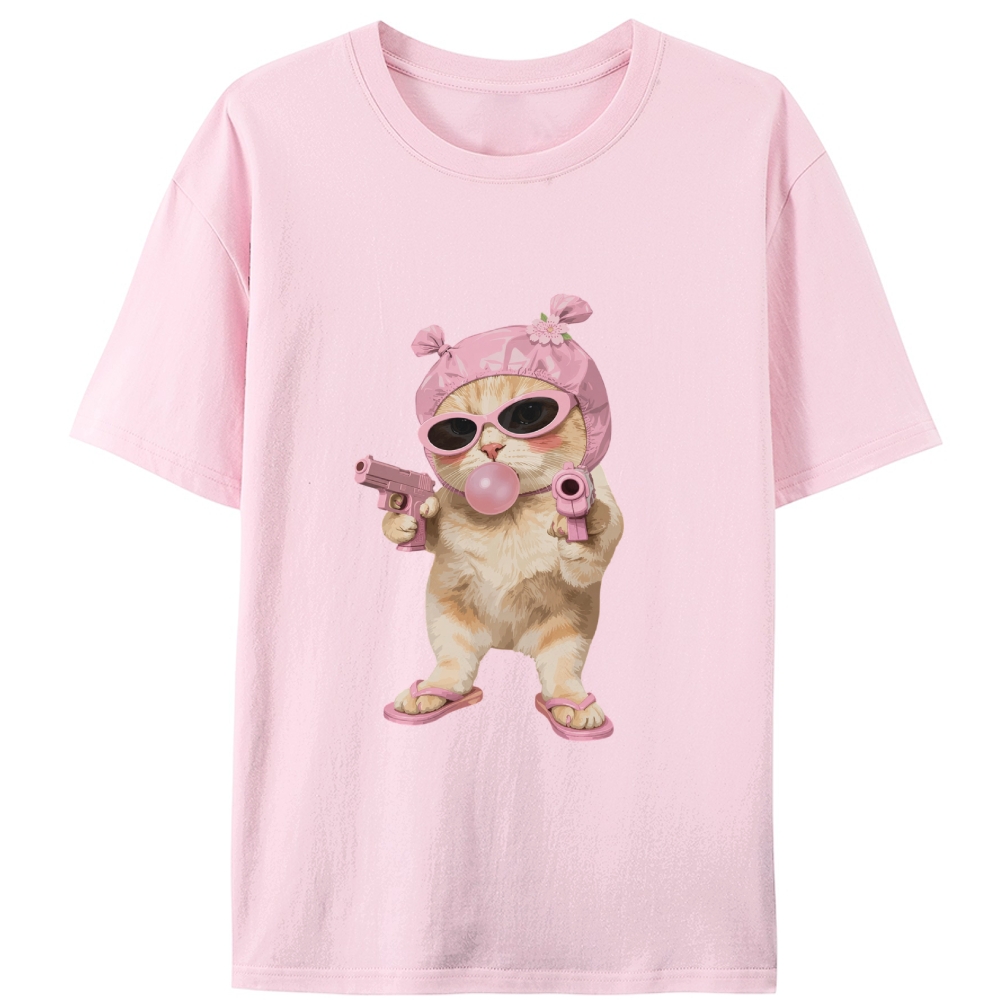 Pink Gangster Cat Retro Designed for Women - Slim Fit Cotton Tee