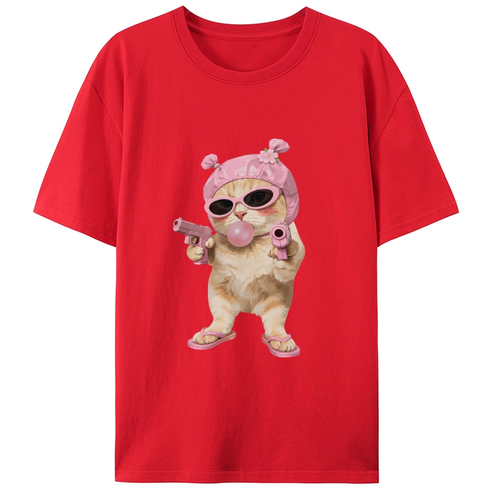 Pink Gangster Cat Retro Designed for Women - Slim Fit Cotton Tee