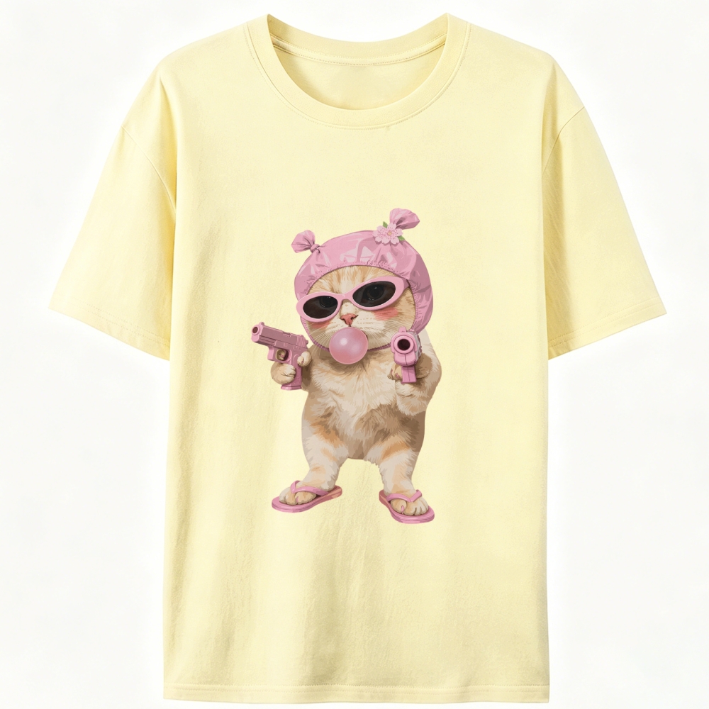 Pink Gangster Cat Retro Designed for Women - Slim Fit Cotton Tee