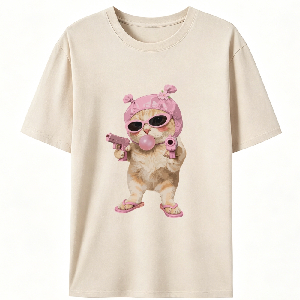 Pink Gangster Cat Retro Designed for Women - Slim Fit Cotton Tee