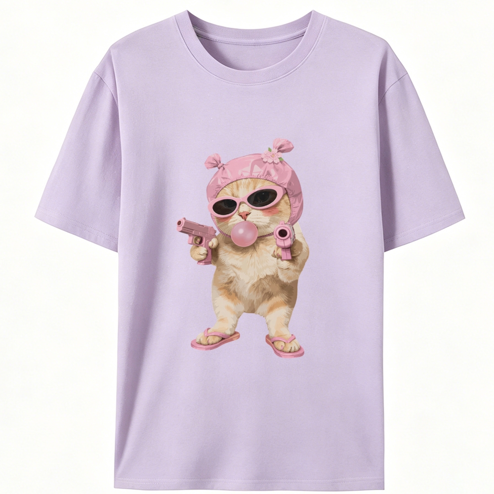 Pink Gangster Cat Retro Designed for Women - Slim Fit Cotton Tee