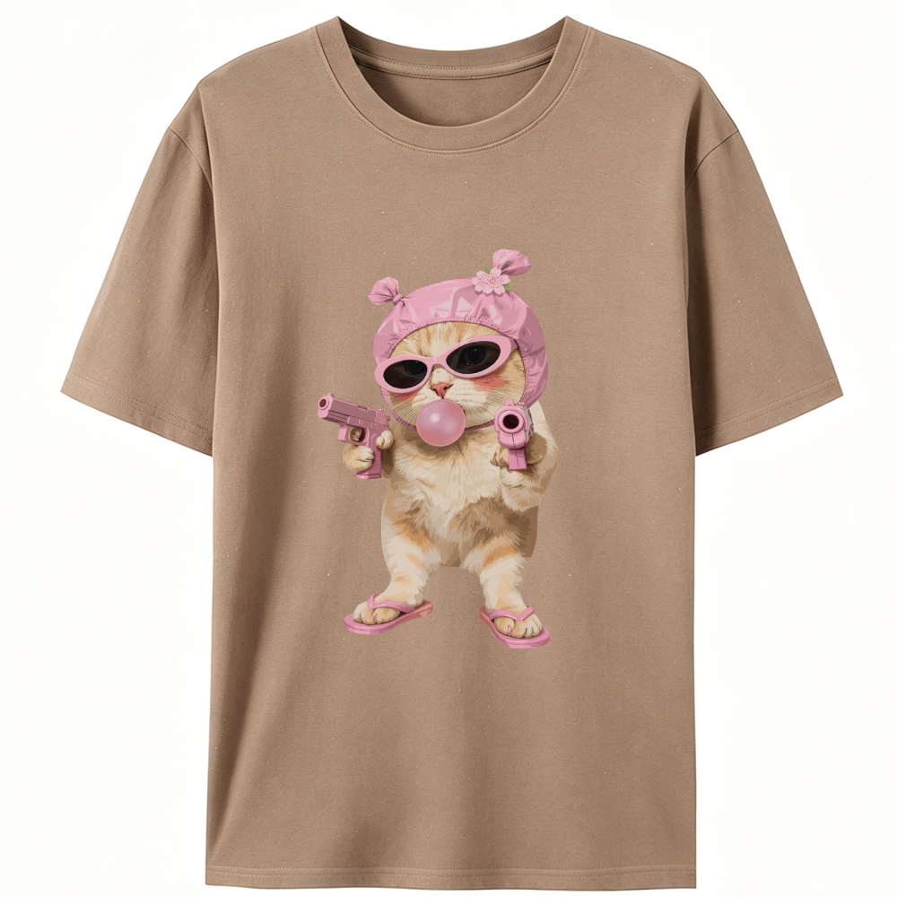 Pink Gangster Cat Retro Designed for Women - Slim Fit Cotton Tee