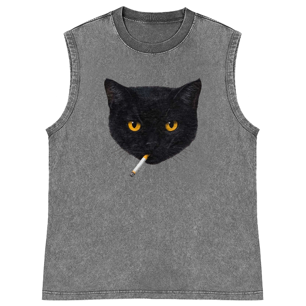 Smoking Black Cat Retro Washed Tank Top