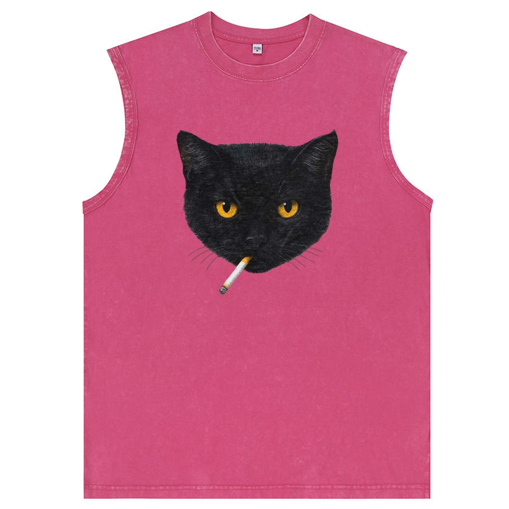Smoking Black Cat Retro Washed Tank Top