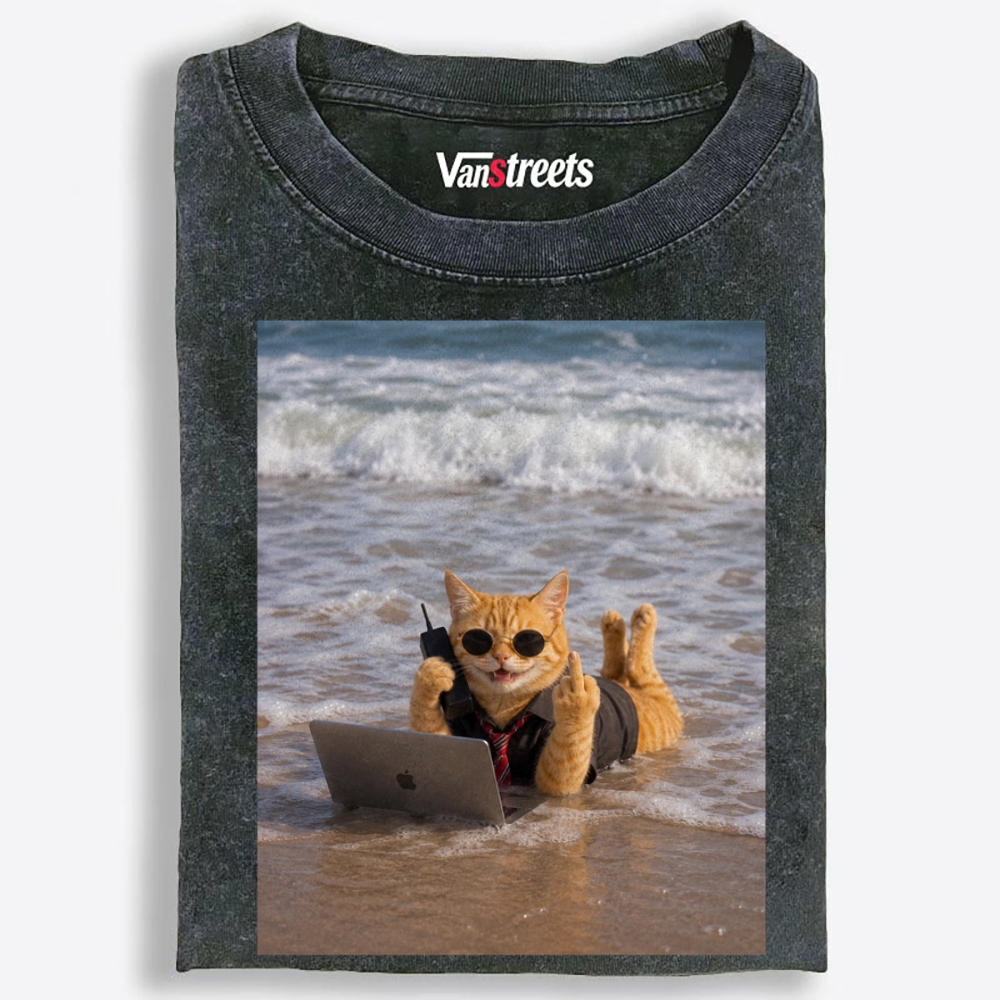 Beach Work Cat Retro Washed T-Shirt | 100% Cotton | Streetwear Essential