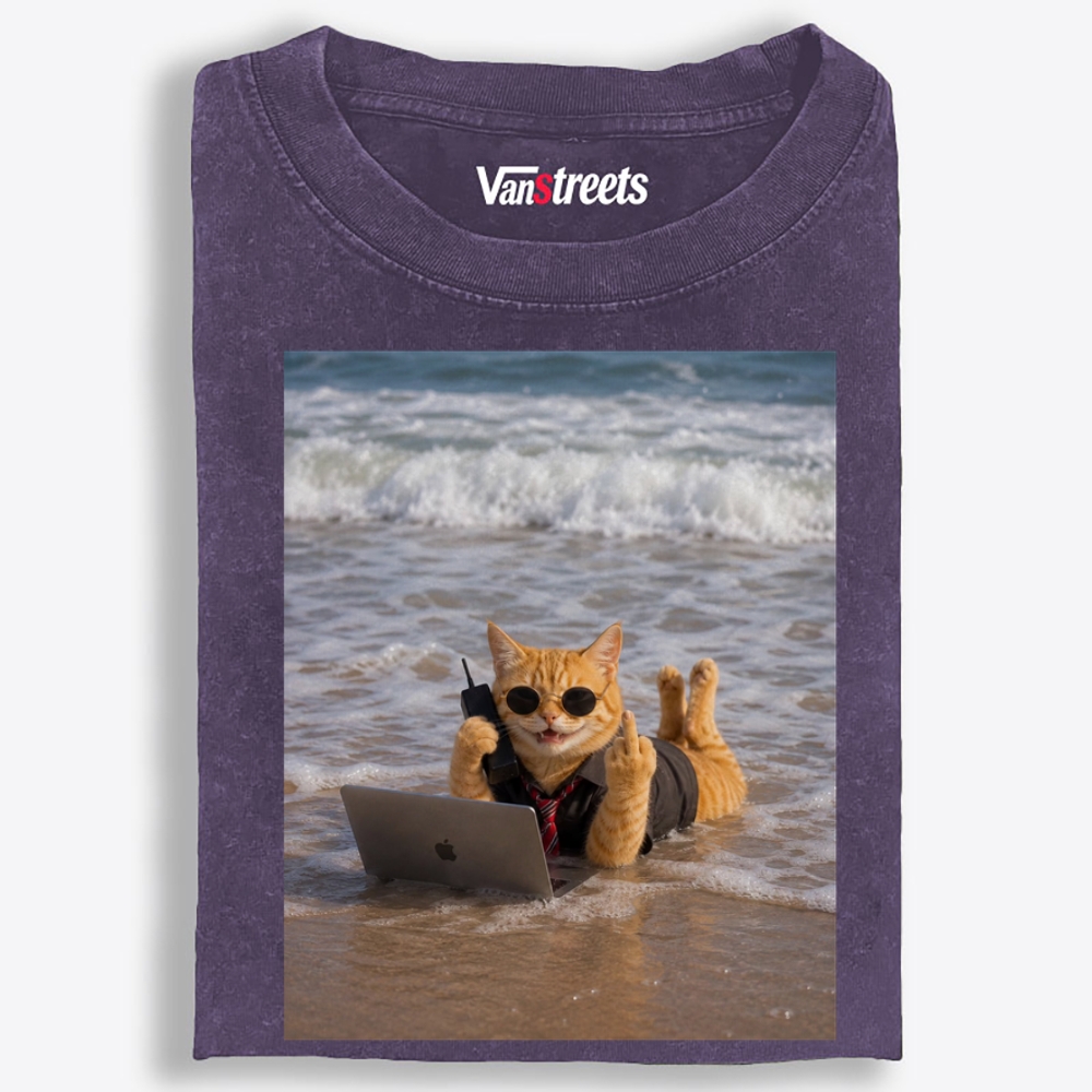 Beach Work Cat Retro Washed T-Shirt | 100% Cotton | Streetwear Essential