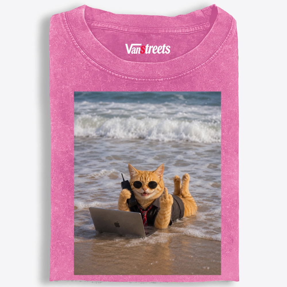 Beach Work Cat Retro Washed T-Shirt | 100% Cotton | Streetwear Essential