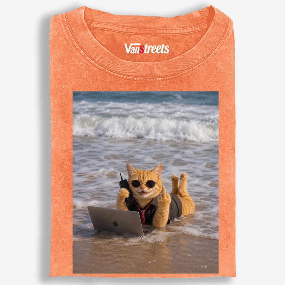 Beach Work Cat Retro Washed T-Shirt | 100% Cotton | Streetwear Essential