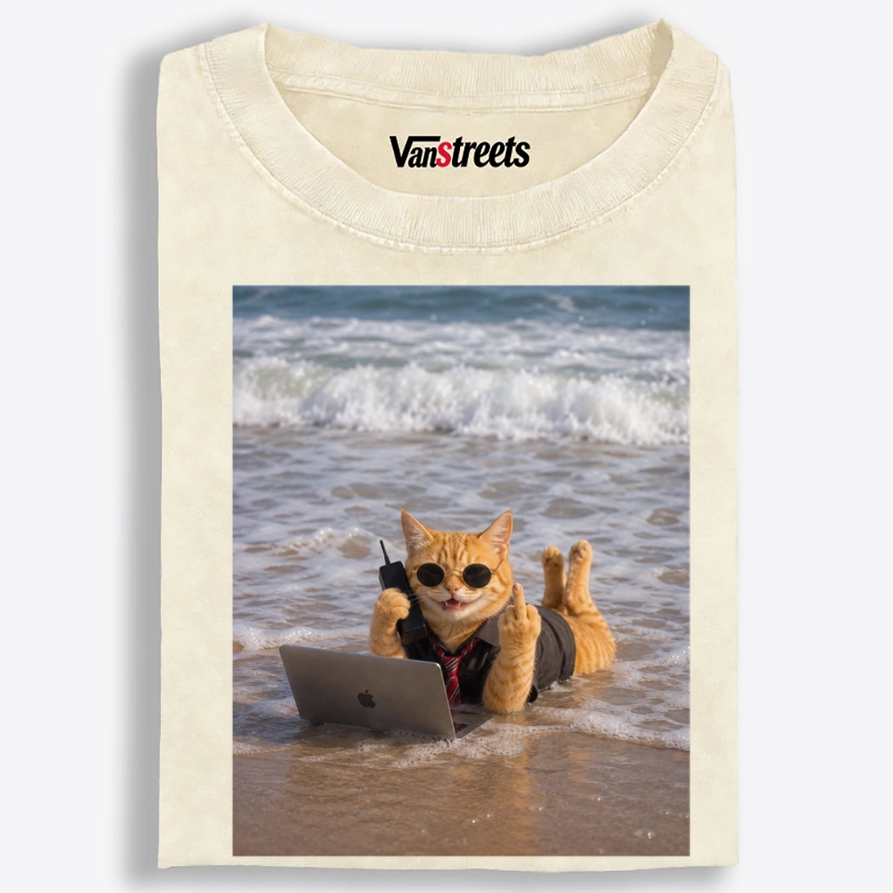 Beach Work Cat Retro Washed T-Shirt | 100% Cotton | Streetwear Essential