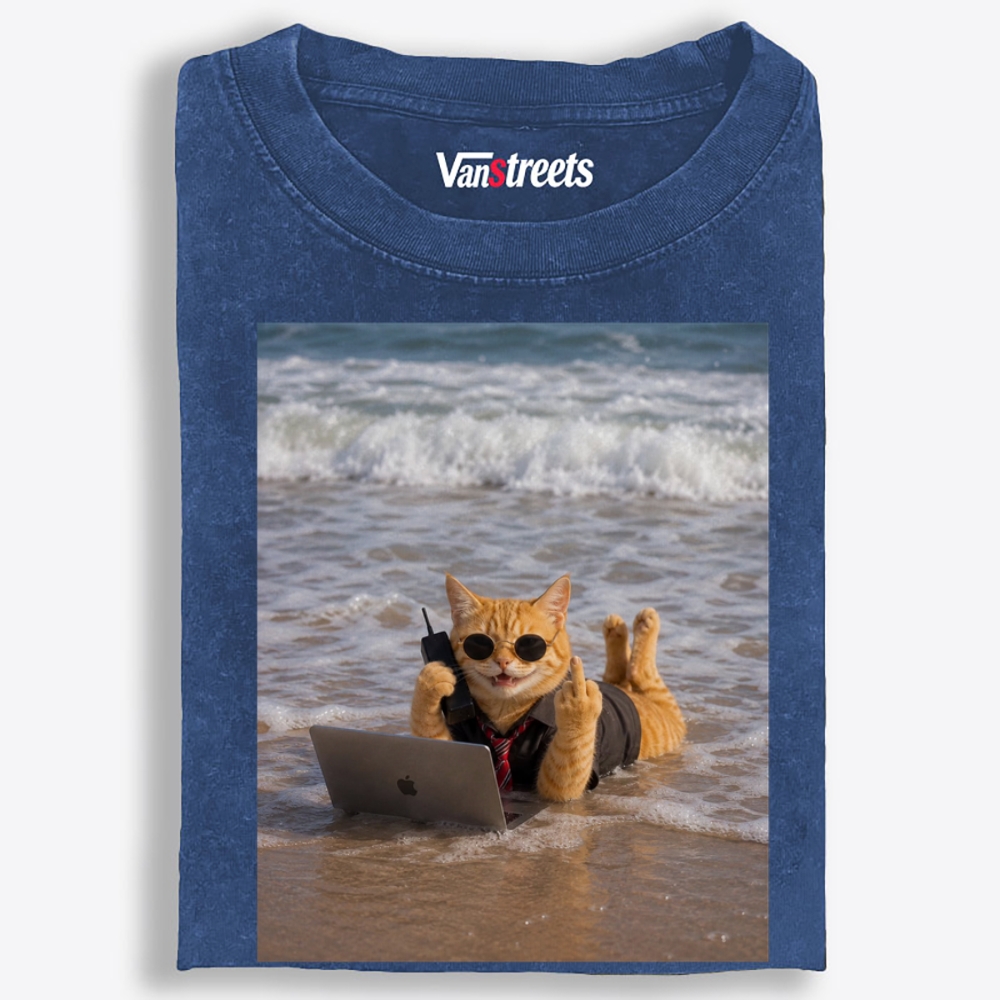 Beach Work Cat Retro Washed T-Shirt | 100% Cotton | Streetwear Essential
