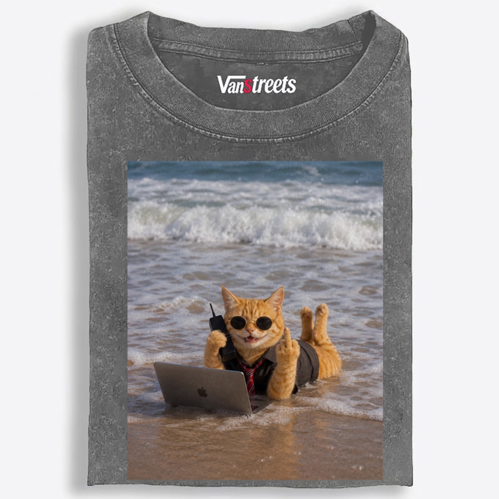Beach Work Cat Retro Washed T-Shirt | 100% Cotton | Streetwear Essential