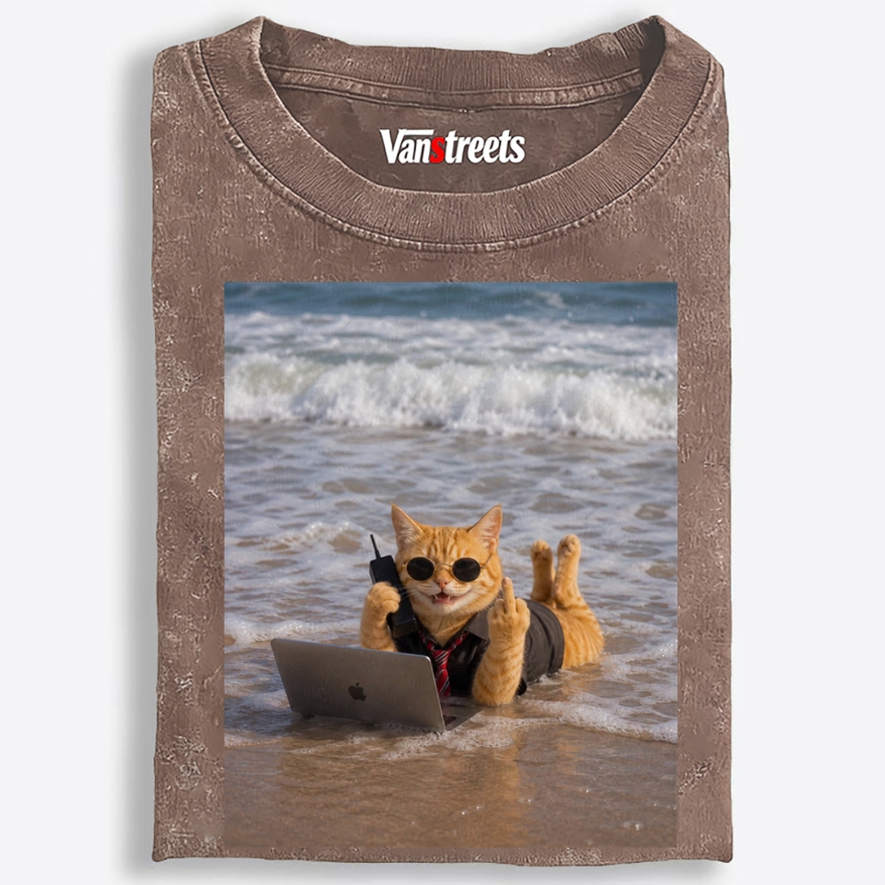 Beach Work Cat Retro Washed T-Shirt | 100% Cotton | Streetwear Essential