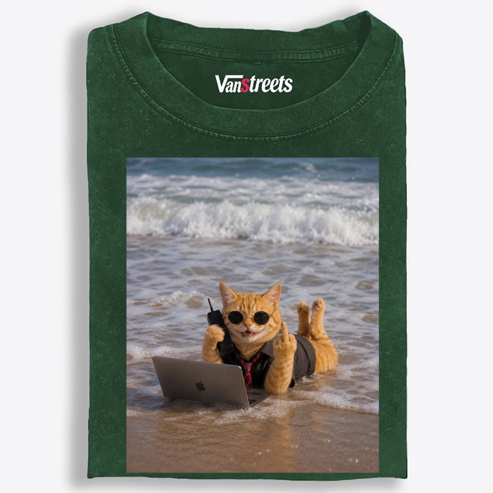 Beach Work Cat Retro Washed T-Shirt | 100% Cotton | Streetwear Essential