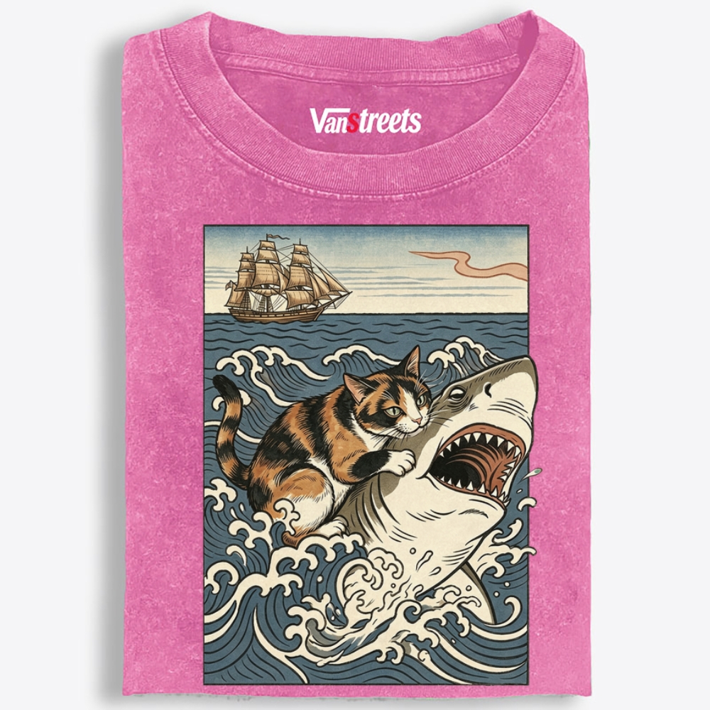 Ukiyo-e Cat Riding Shark Retro Washed T-Shirt | 100% Cotton | Streetwear Essential