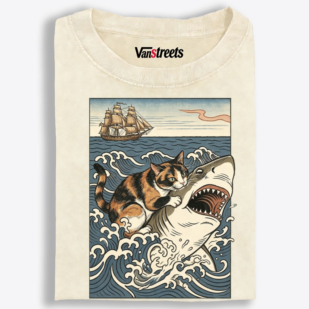 Ukiyo-e Cat Riding Shark Retro Washed T-Shirt | 100% Cotton | Streetwear Essential
