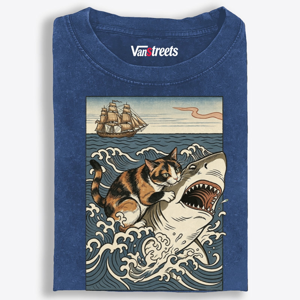 Ukiyo-e Cat Riding Shark Retro Washed T-Shirt | 100% Cotton | Streetwear Essential