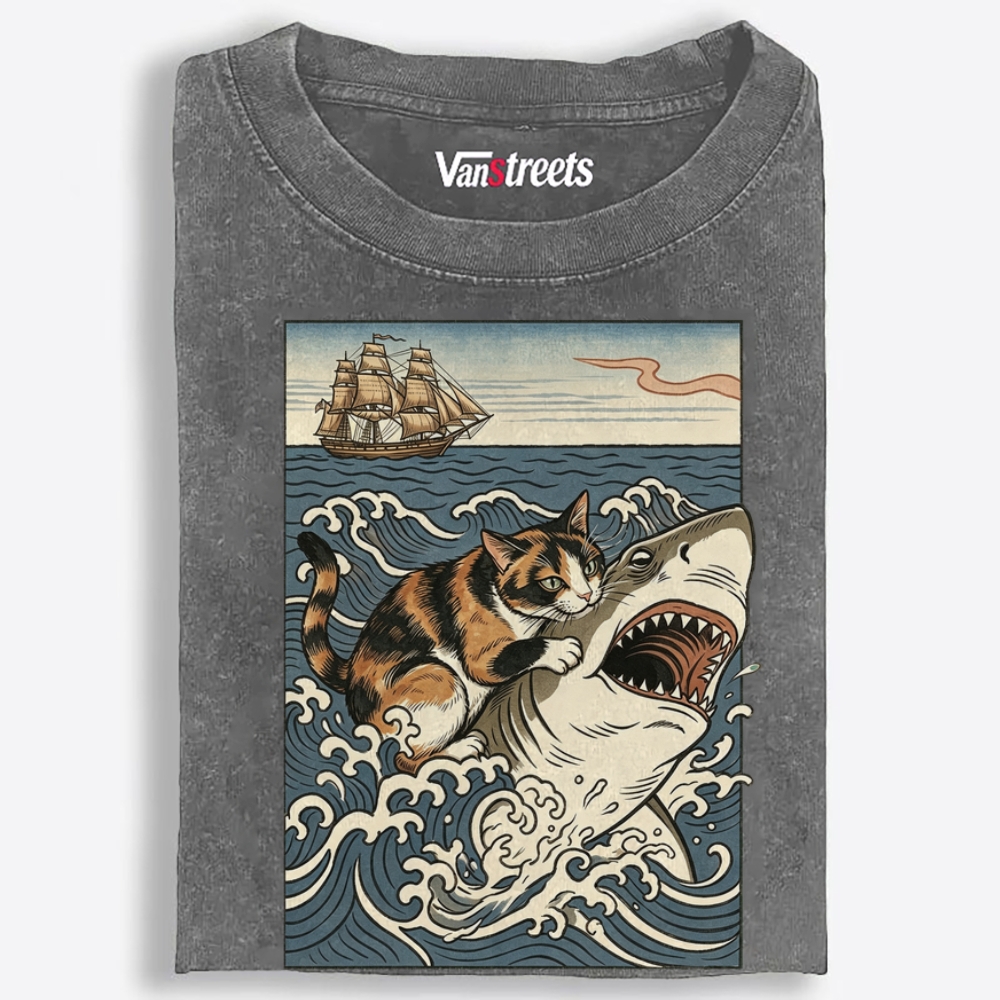 Ukiyo-e Cat Riding Shark Retro Washed T-Shirt | 100% Cotton | Streetwear Essential