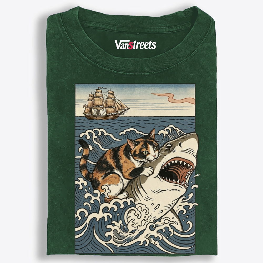 Ukiyo-e Cat Riding Shark Retro Washed T-Shirt | 100% Cotton | Streetwear Essential