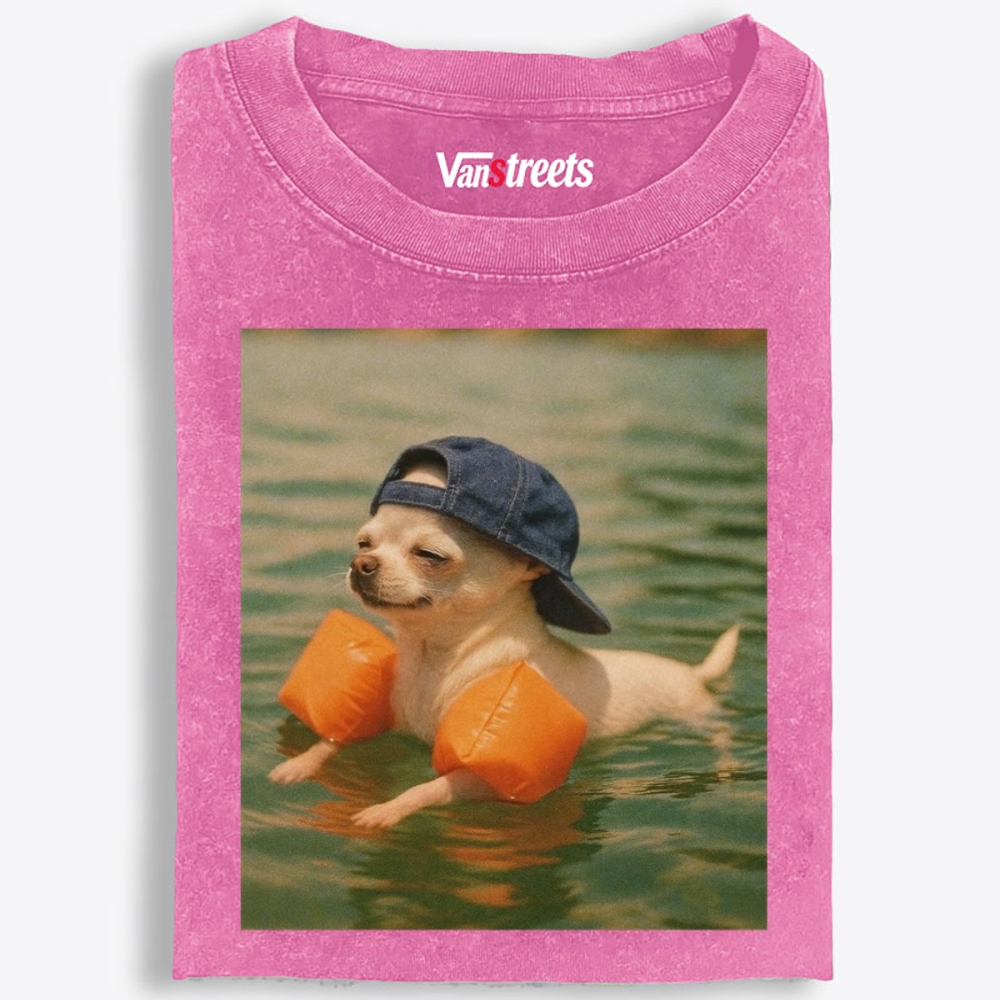 Chihuahua With Arm Floaties Swimming Meme Retro Washed T-Shirt | 100% Cotton | Streetwear Essential